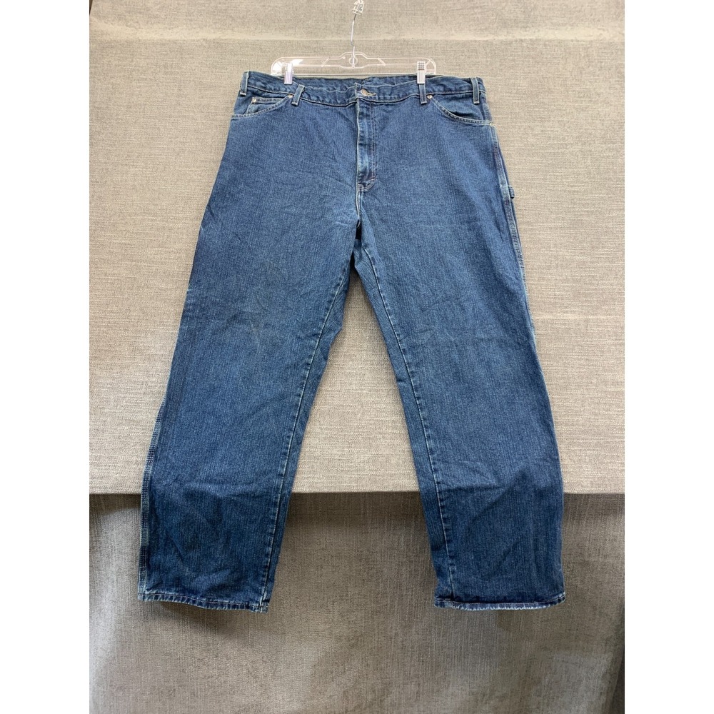 Genuine Dickies Carpenter Jeans Mens 42x32 Blue Denim Cotton Logo Straight Leg